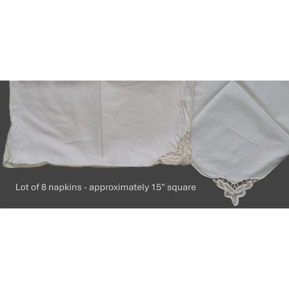 Set 8 Vtg Lace Corner Ecru Linen Napkins Scalloped Edge Dinner Luncheon Size 15